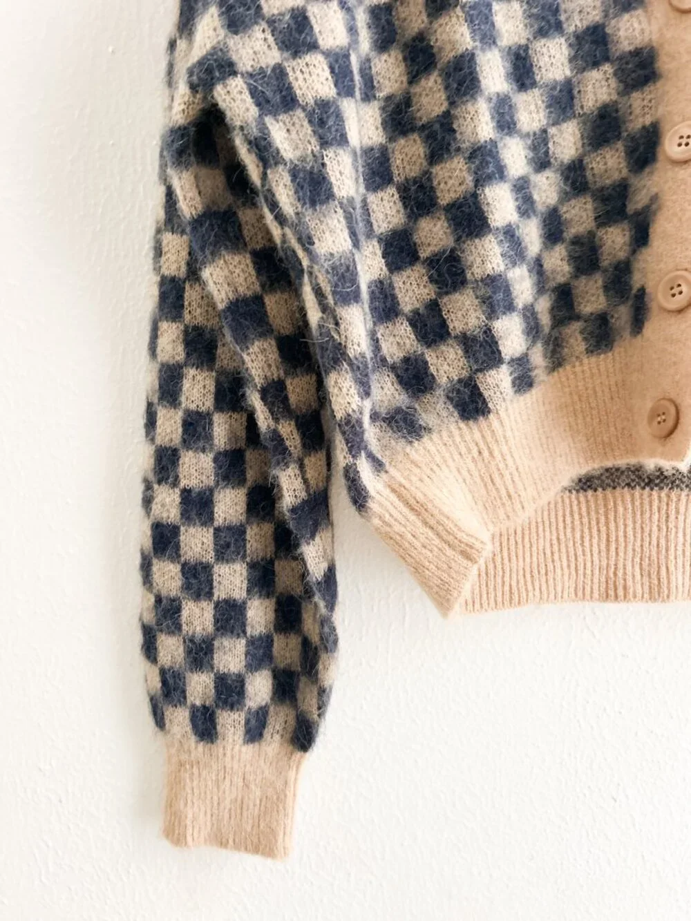 NWT J. Crew Checkered V-neck Cardigan Sweater Brushed‎ Yarn in Sandy Beach Navy